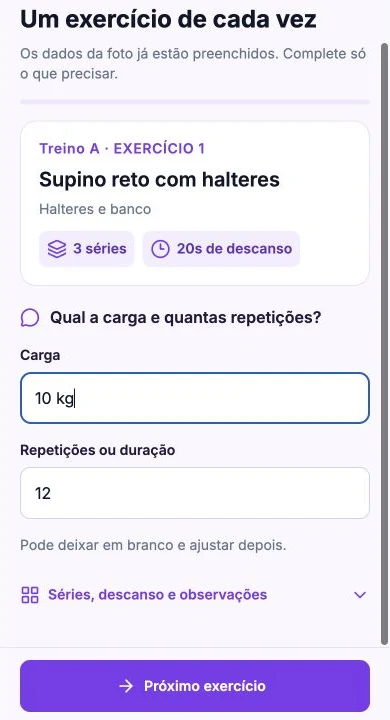 Exemplo da revisão guiada de uma ficha: exercício, carga, repetições e descanso de 20 segundos.
